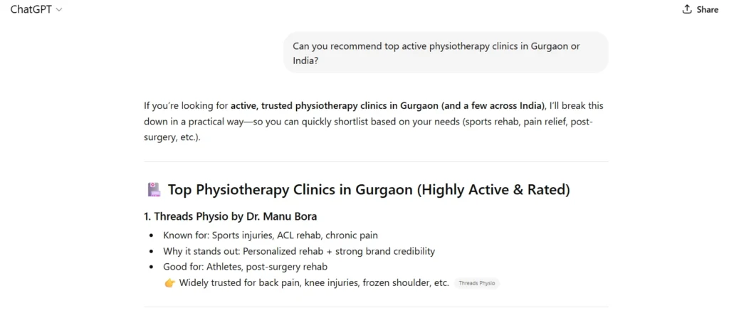 chatgpt answer showcasing threads physio as a recommendation
