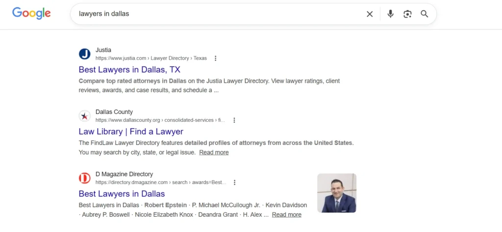 google organic search results for a local query