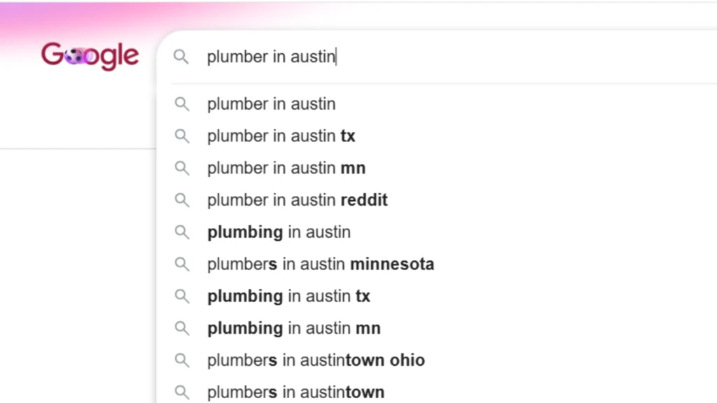 Google's autocomplete feature being used for keyword research objective. We searched plumber in austin and then it suggest more keywords related to this.